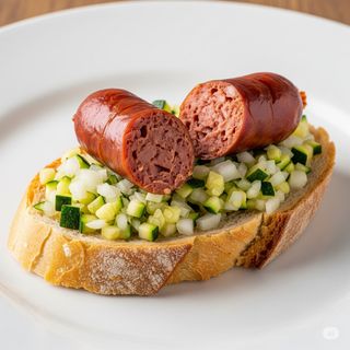 Tostada Longaniza Frita Sobre Una Cama De Cebolla Y Calabacín