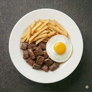 Lomo, huevo con guarnición