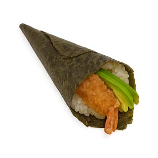 Temaki de langostino en tempura, aguacate y salsa kimchi (1 uds)