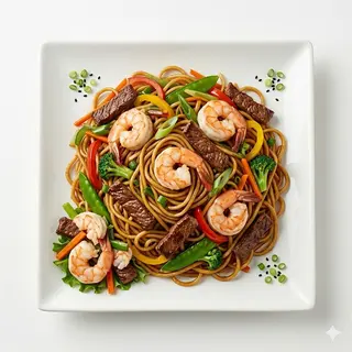 Tallarines Salteados Con Verdura Y Carne Con Gambas