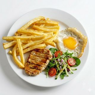 Lomo con huevo, patatas fritas y ensalada