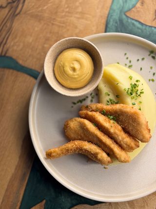 Strips de curcan și piure de cartofi