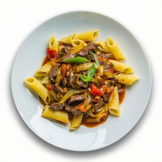 Tallarines ala huancaína con lomo saltado
