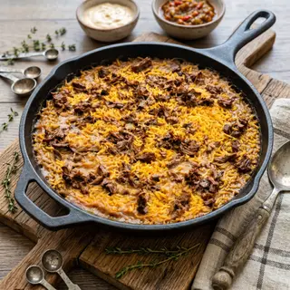Dos raciones abundantes de Arroz Con Pitu, Caleya, Setas Y Foie
