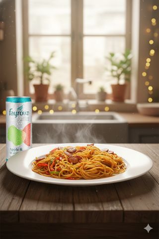 spaghetti and chicken combo with a drink