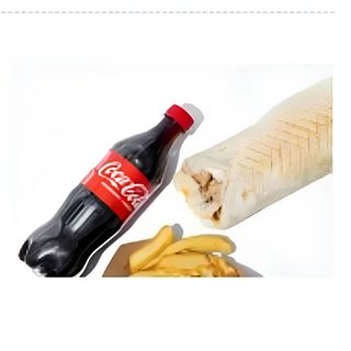 М'ясо у лаваші,картопля фрі з сирним соусом та кола 0.5