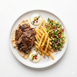 Shawarma con patatas, ensalada y salsa yogur