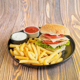 Happy chicken burger i pomfrit