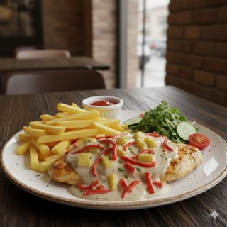 Pechuga De Pollo Con Pimiento Rojo, Piña Y Salsa De Nata