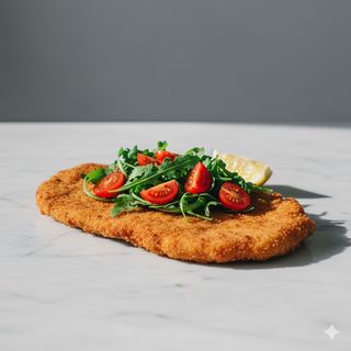 Scaloppina alla milanese con pomodorini e rucola