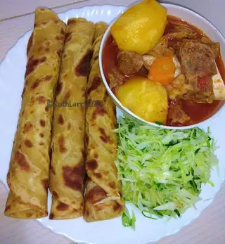 2 chapati +beef stew +greens