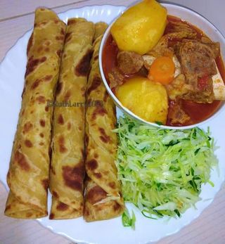 2 chapati +beef stew +greens