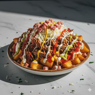 Papas Jamón, Queso, Mechada Y Salsas