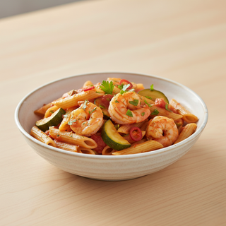 Penne cu creveți și dovlecei