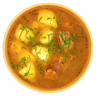 Ciorba de cartofi cu afumatura si tarhon si felie de paine