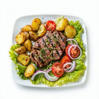 Plato grande de ternera y pollo con patatas y ensaladas