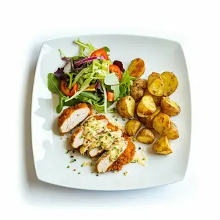 Cordón blue de pollo , patatas y ensalada