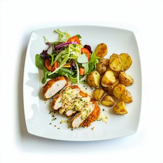 Cordón blue de pollo , patatas y ensalada