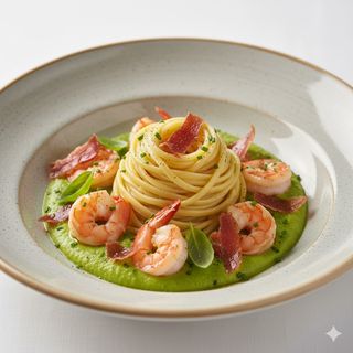 Spaghetto alla chitarra su crema di zucchine