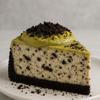 Cheesecake con crema de pistacho y polvo de oreo