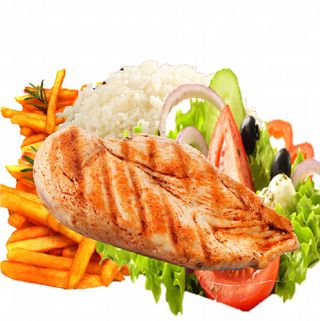 Peito de frango com batatas, arroz e salada