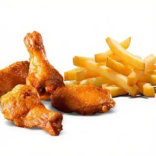 Alitas De Pollo, Patatas Fritas Y Ensalada