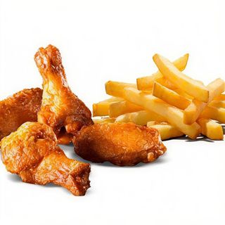 Alitas De Pollo, Patatas Fritas Y Ensalada