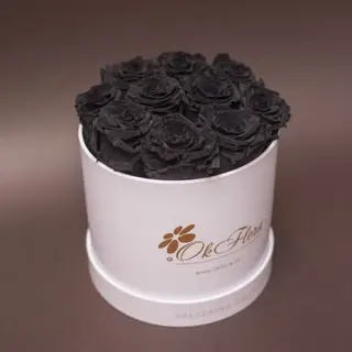 9 trandafiri criogenați negri în cutie de lux mica alba