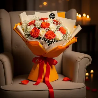 18 Roses - Bouquet Éclatant Orange Et Blanc