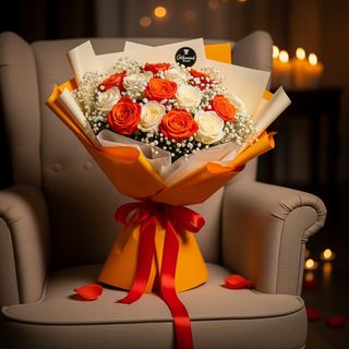 18 Roses - Bouquet Éclatant Orange Et Blanc