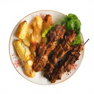 Pinchito de pollo con patatas a lo pobre y alioli
