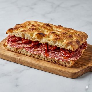 Schiacciata alla pala con salame toscano e pomodori secchi