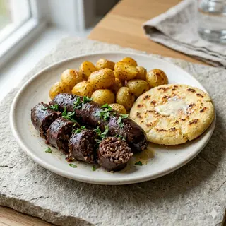 Morcilla Con Papa Criolla Y Arepa