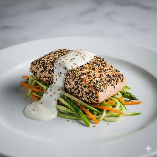 Lingotto di salmone, verdurine croccanti, sesamo tostato