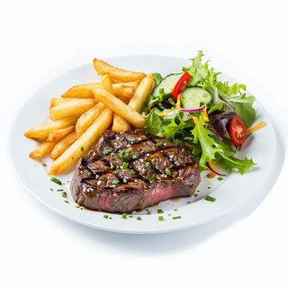 Lomo de cerdo, patatas fritas y ensalada