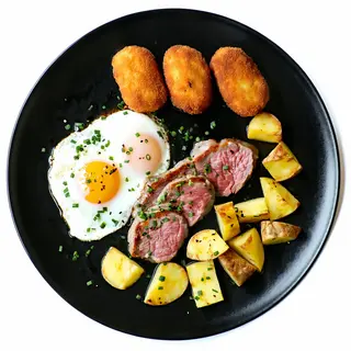 Escalope De Ternera Con patatas Con Huevos Y Croquetas