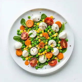 Insalata con mozzarella, pomodori, carote, mais, piselli