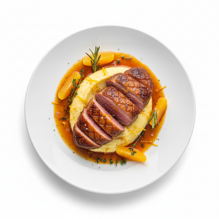 Piept de rata cu sos de portocale servit cu piure de cartofi