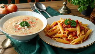 7) Supă cremă și  penne All'Amatriciana