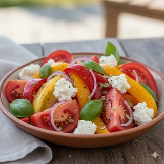 Домати с биволско сирене и печена чушка