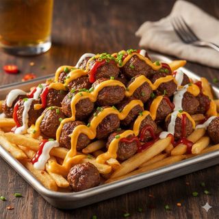 Patate fritte, polpettine, cheddar, salse