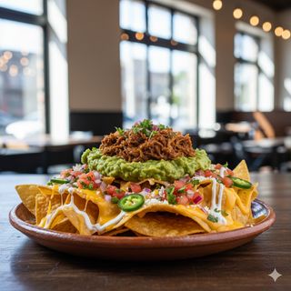 Nachos con guacamole y carne mechada