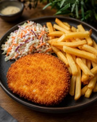 Ser panierowany z frytkami i colesławem