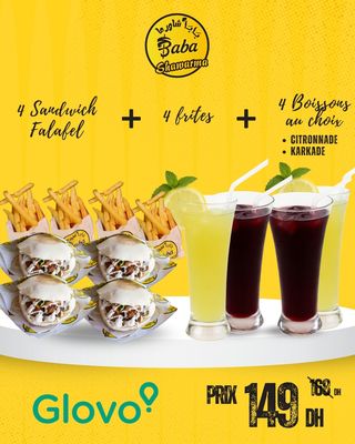 4 Sandwichs falafel + 4 frites + 4 boissons au choix