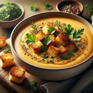 Картофена крем супа с пресни подправки с крутони (350мл)