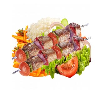 Chicken Tikka com batatas, arroz e salada