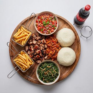 Platter 2 (1.5kg Pork + 2 Chips + 2 Ugali + Greens + Kachumbari + soda