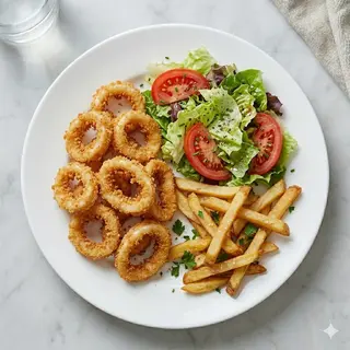 Calamares A La Romana, Ensalada Y Patatas