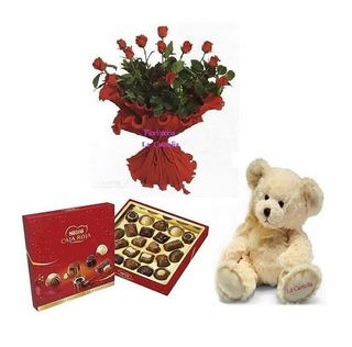 Ramo 12 Rosas + Bombones + Peluche