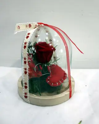 Cúpula Con Rosa Preservada. Altura 15 Cm.